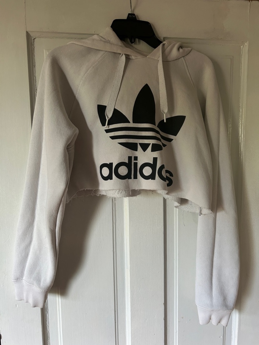 adidas White Cropped Hoodie with Black Trefoil